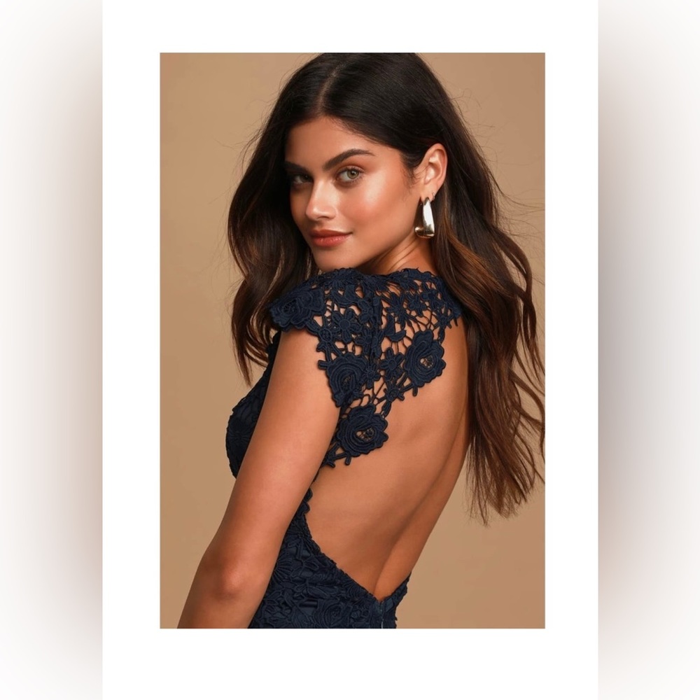 Lulus Romance Language Navy Blue Backless Lace
Crochet Dress M